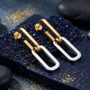 18K Gold Plated Stainless Steel Two Tone Convertible Link Drop Earrings